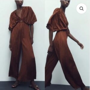 Zara Wrinkled Satin Effect Jumpsuit Brown Size Small